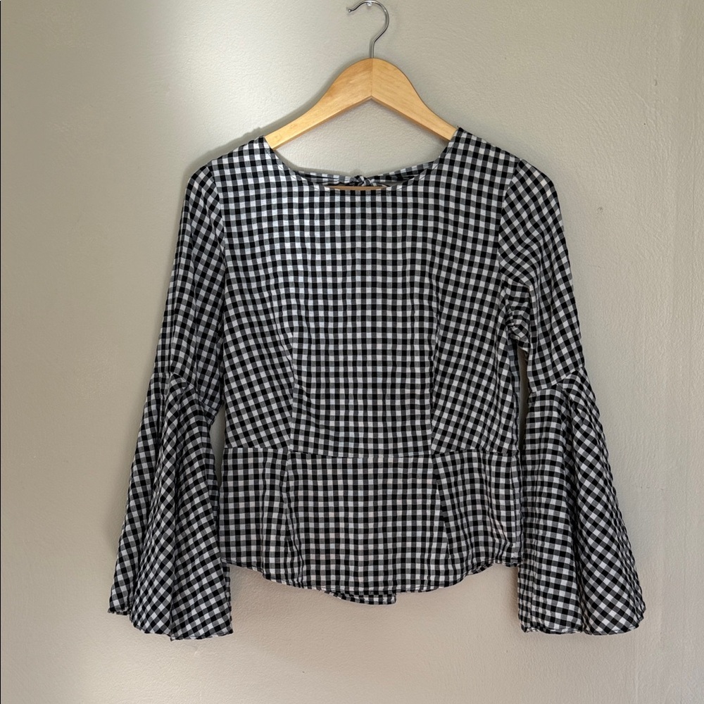 Nannette Lepore Black and White gingham checkered peplum Blouse medium
